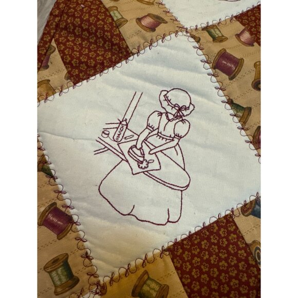 Handcrafted Quilted Wall Hanging With Embroidered Sewing Scenes & "Love To Quilt - Picture 4 of 9